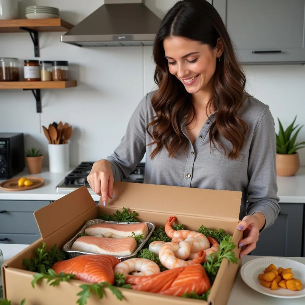 A woman unpacks a fish food box filled with fresh seafood and ingredients.