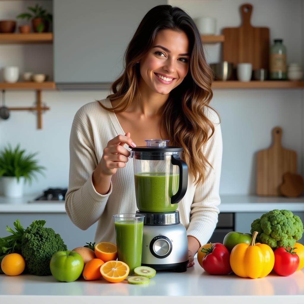 A woman using a food processor to make a smoothie