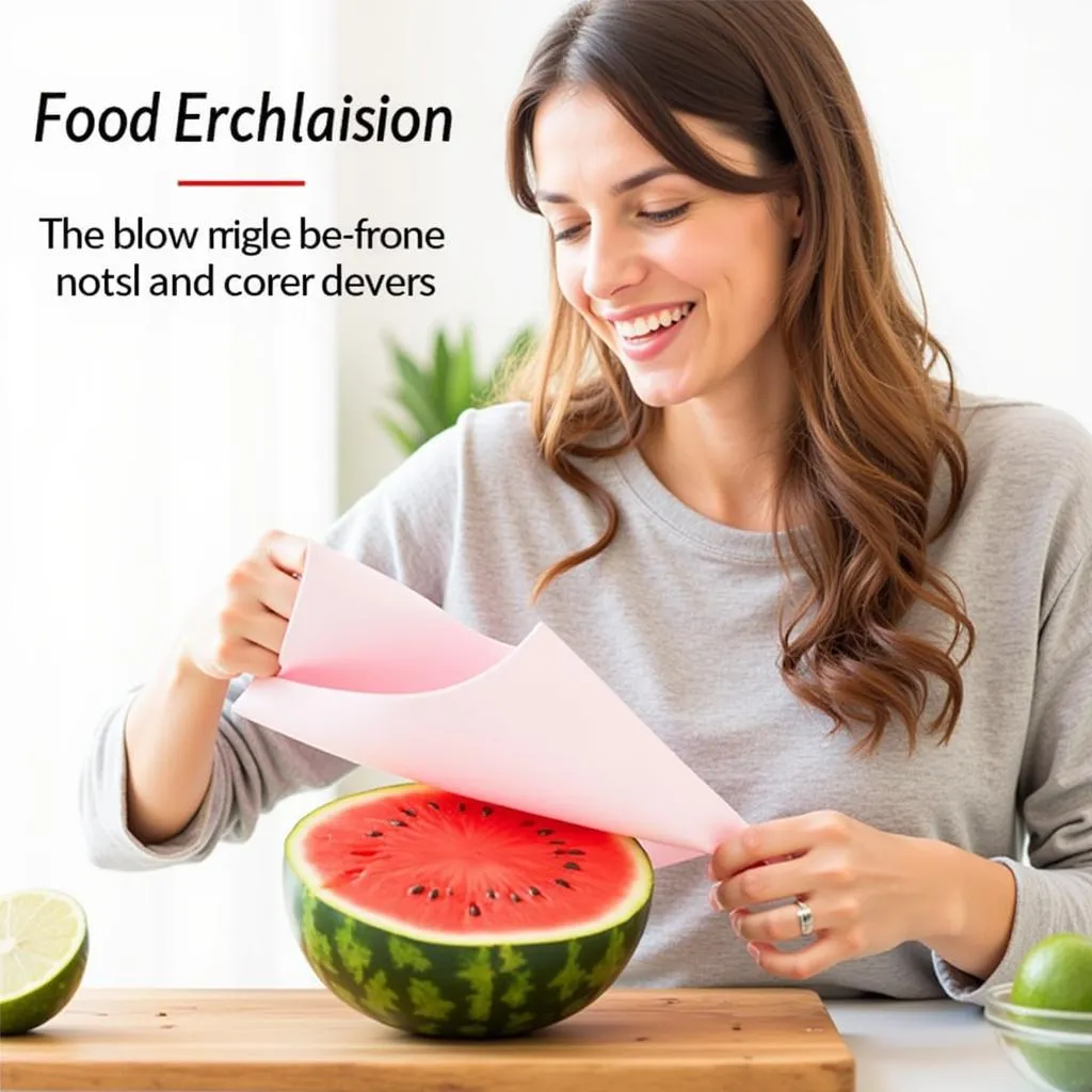 Woman Using Food Stretch Cover on Half a Watermelon