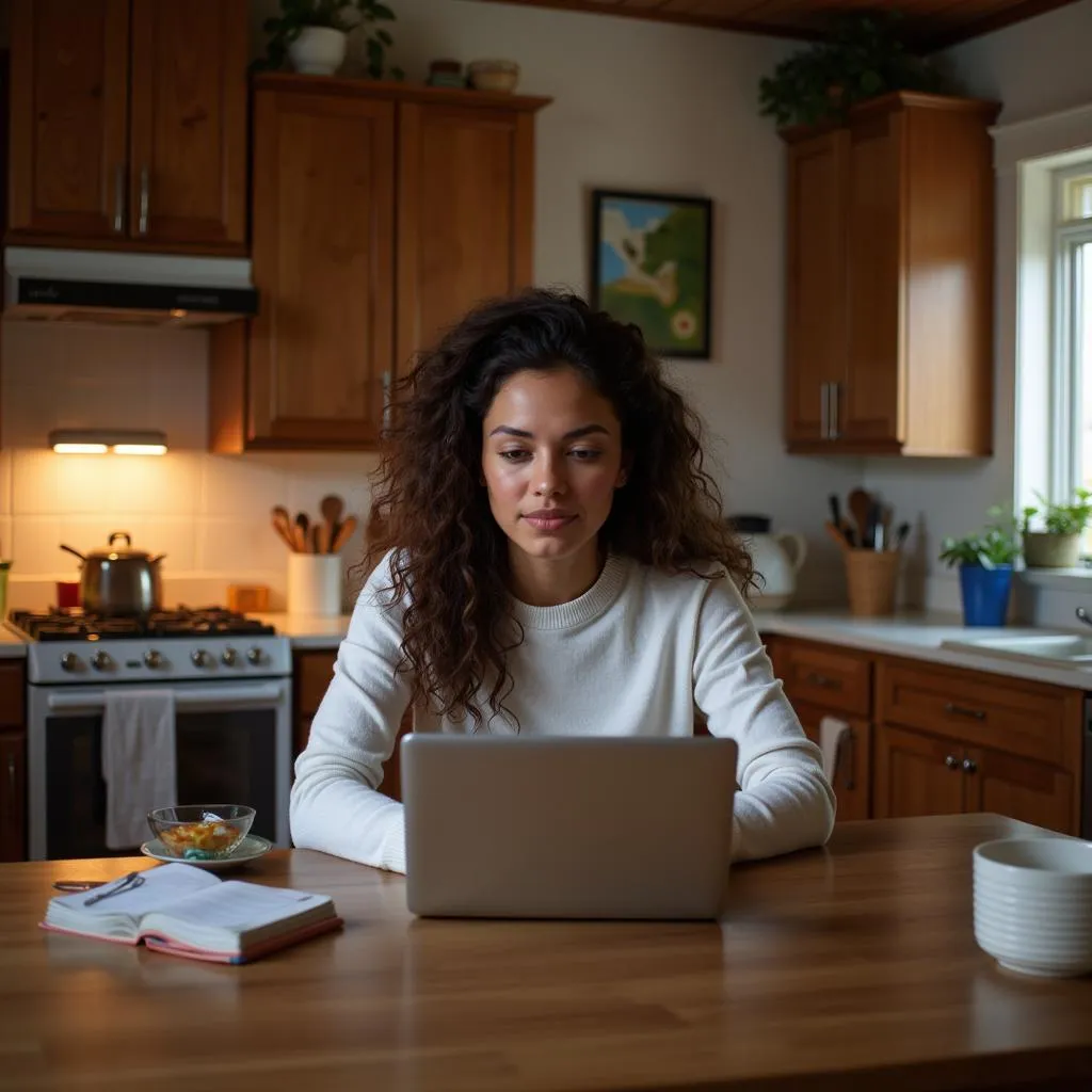 Woman uses her laptop to find a local food bank online