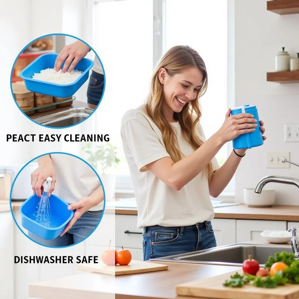 Woman Washing Blue Food Storage Containers