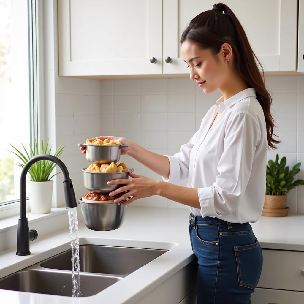 Woman washing food metal containers