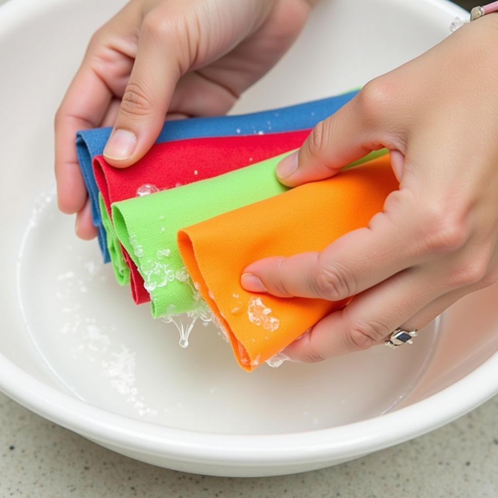 A woman demonstrating the proper way to wash food safe PUL fabric food wraps.