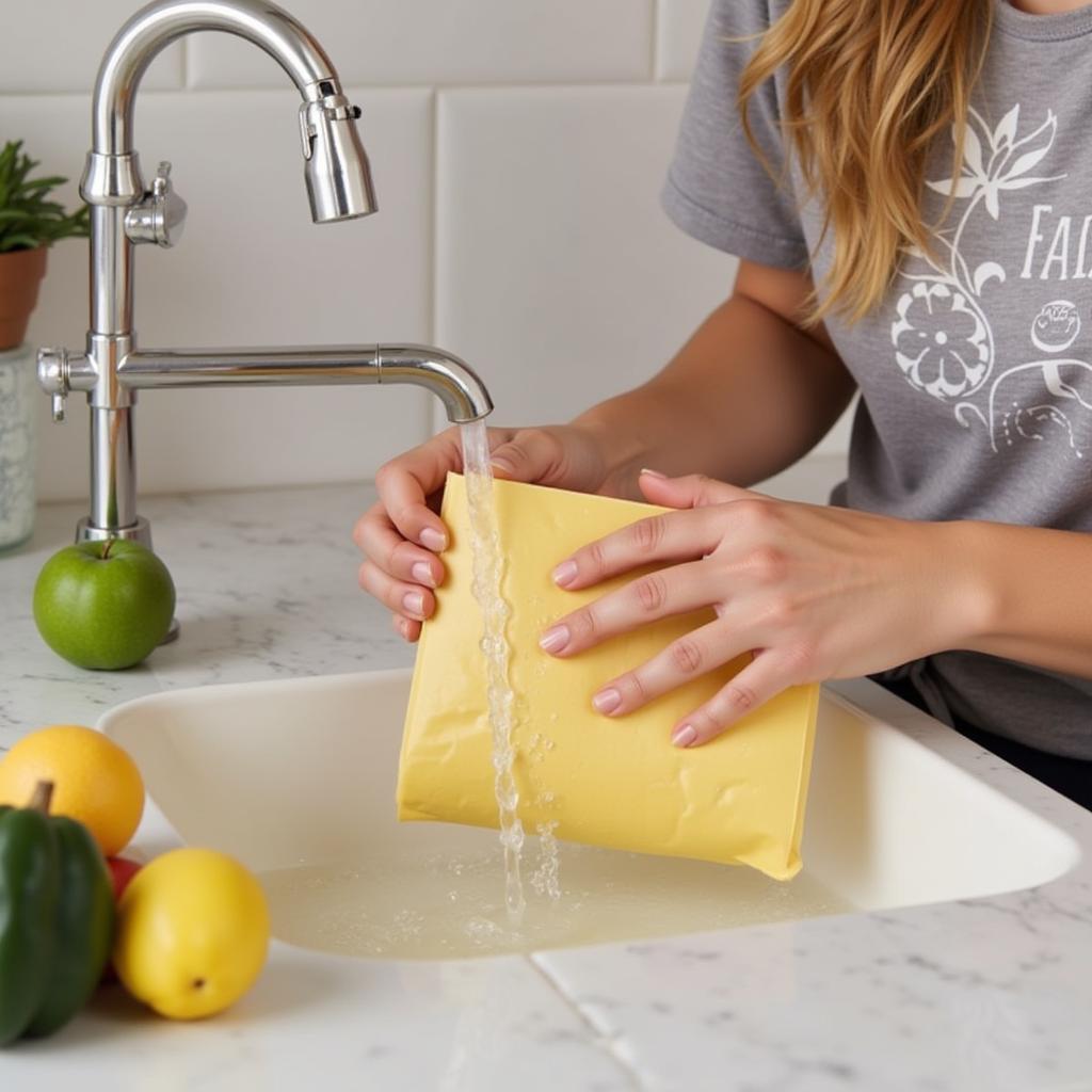 Woman washing a reusable beeswax food wrap