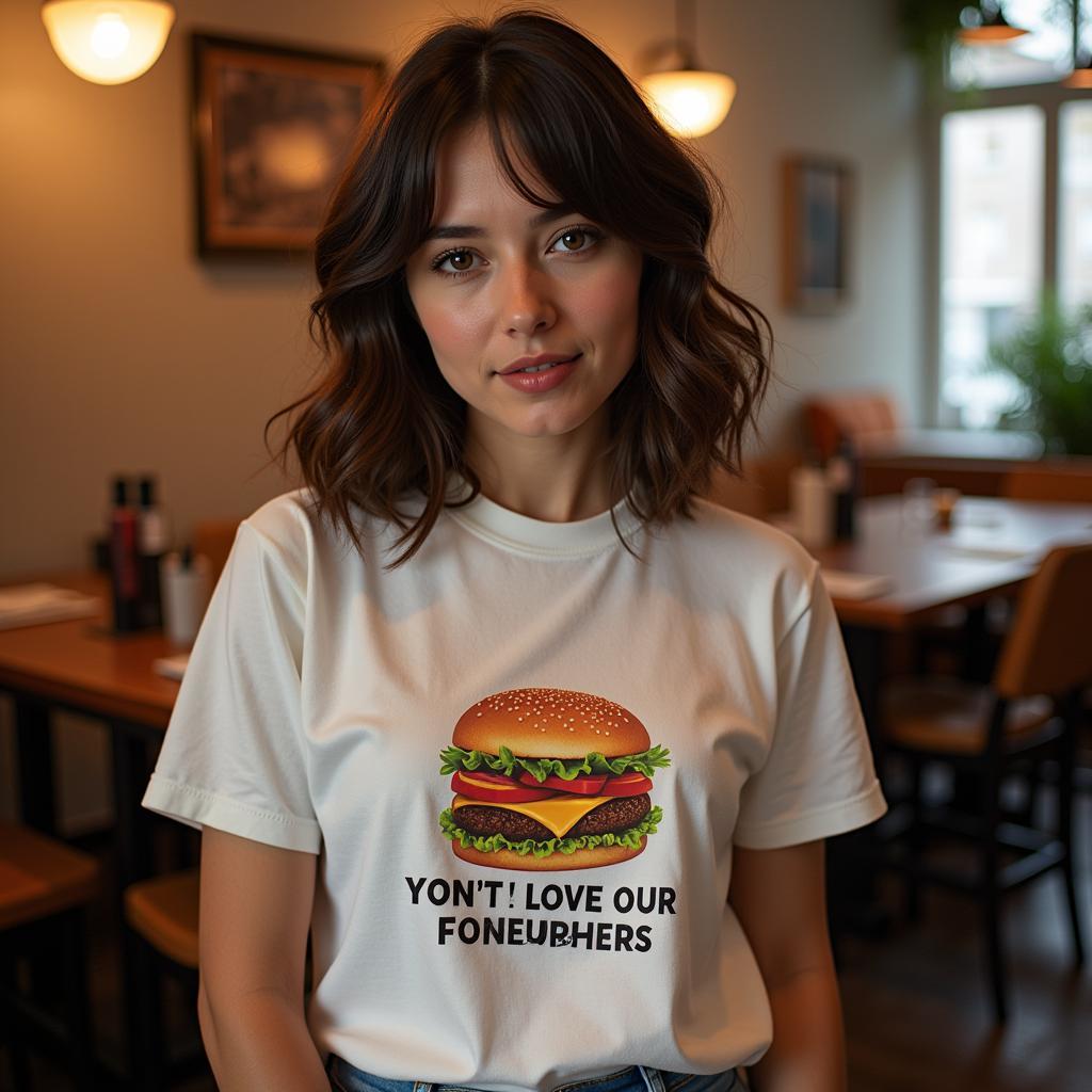 A woman smiling while wearing a t-shirt with a funny burger graphic and the caption "I Love It When You Call Me Big Burger".