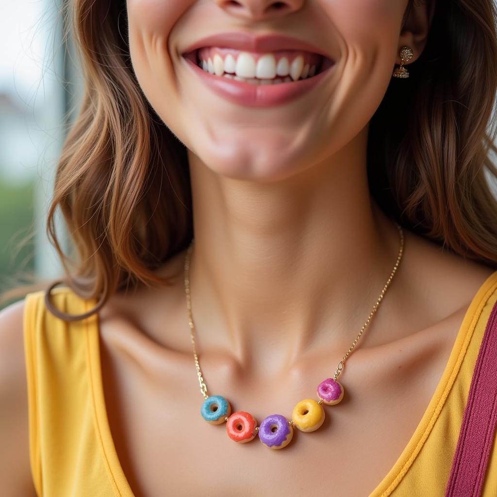 Smiling Woman Wearing a Donut Necklace