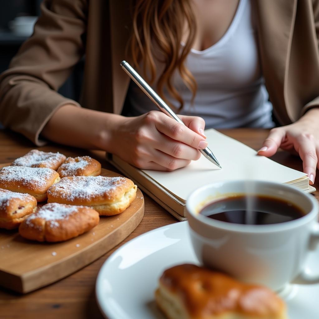 Woman writing in a notebook with a plate of pastries and a cup of coffee