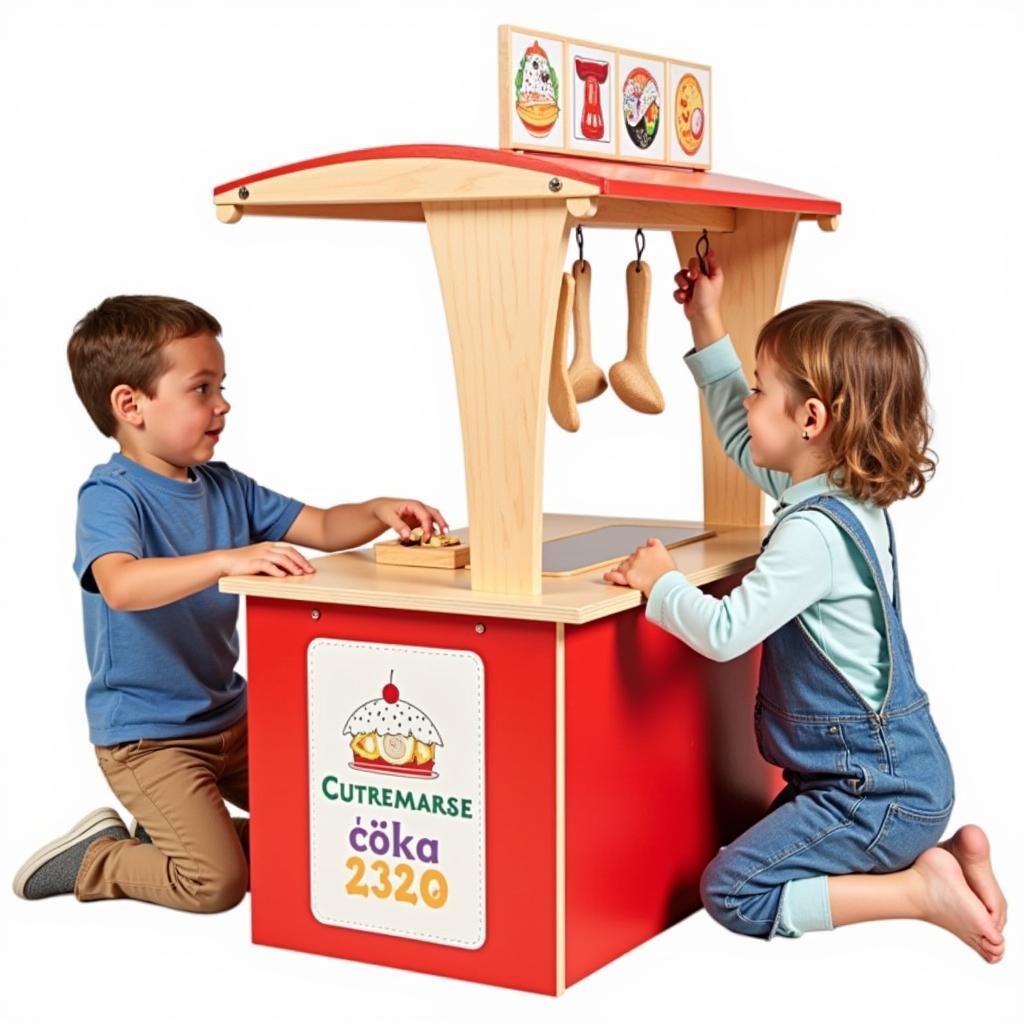 Children Engaging with a Wooden Food Stand Toy