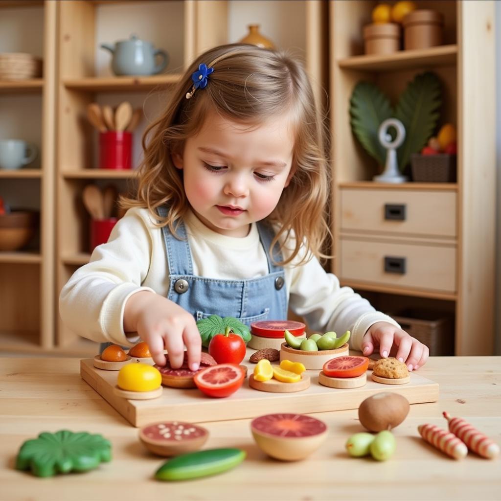 Child Setting up a Play Market Stall with Wooden Food