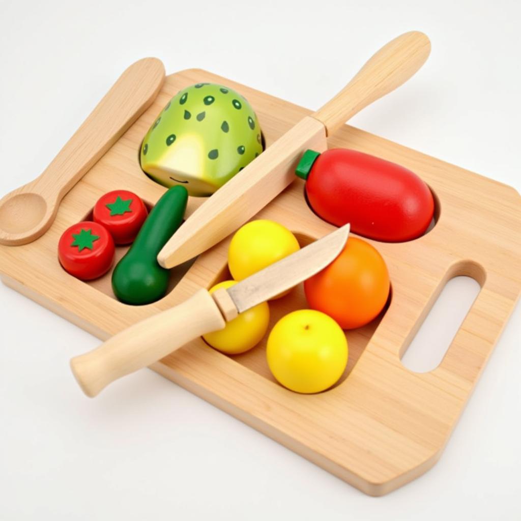 Wooden toy food set with cutting board and knife