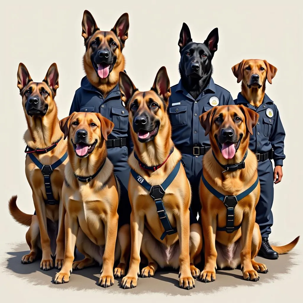 Different working dog breeds like German Shepherds