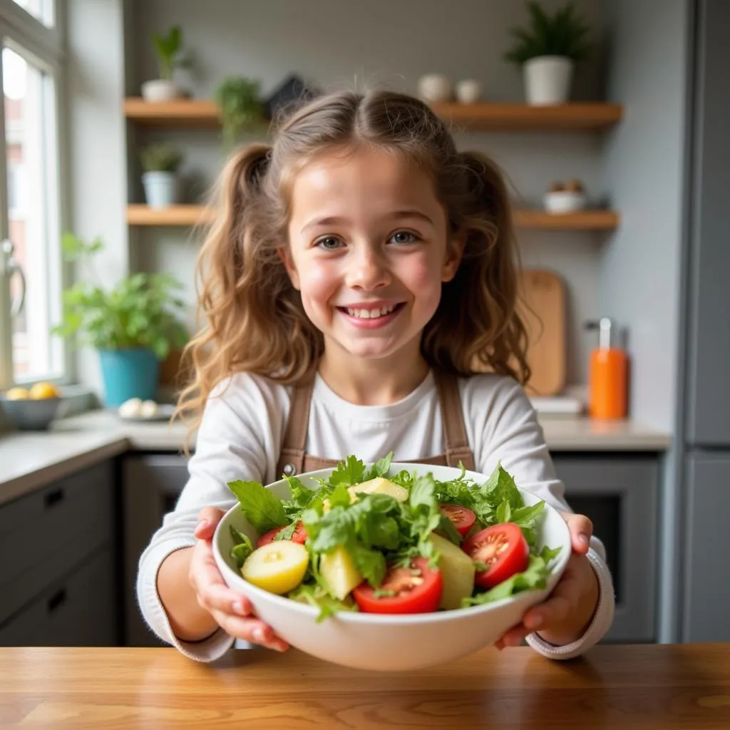 Young Girl Proudly Presenting Her Homemade Salad