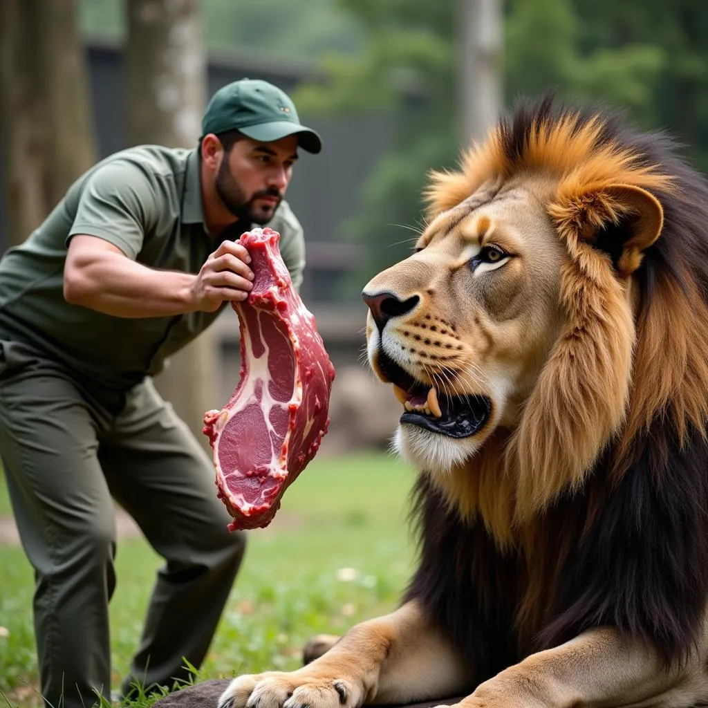 Zookeeper feeding a lion with meat