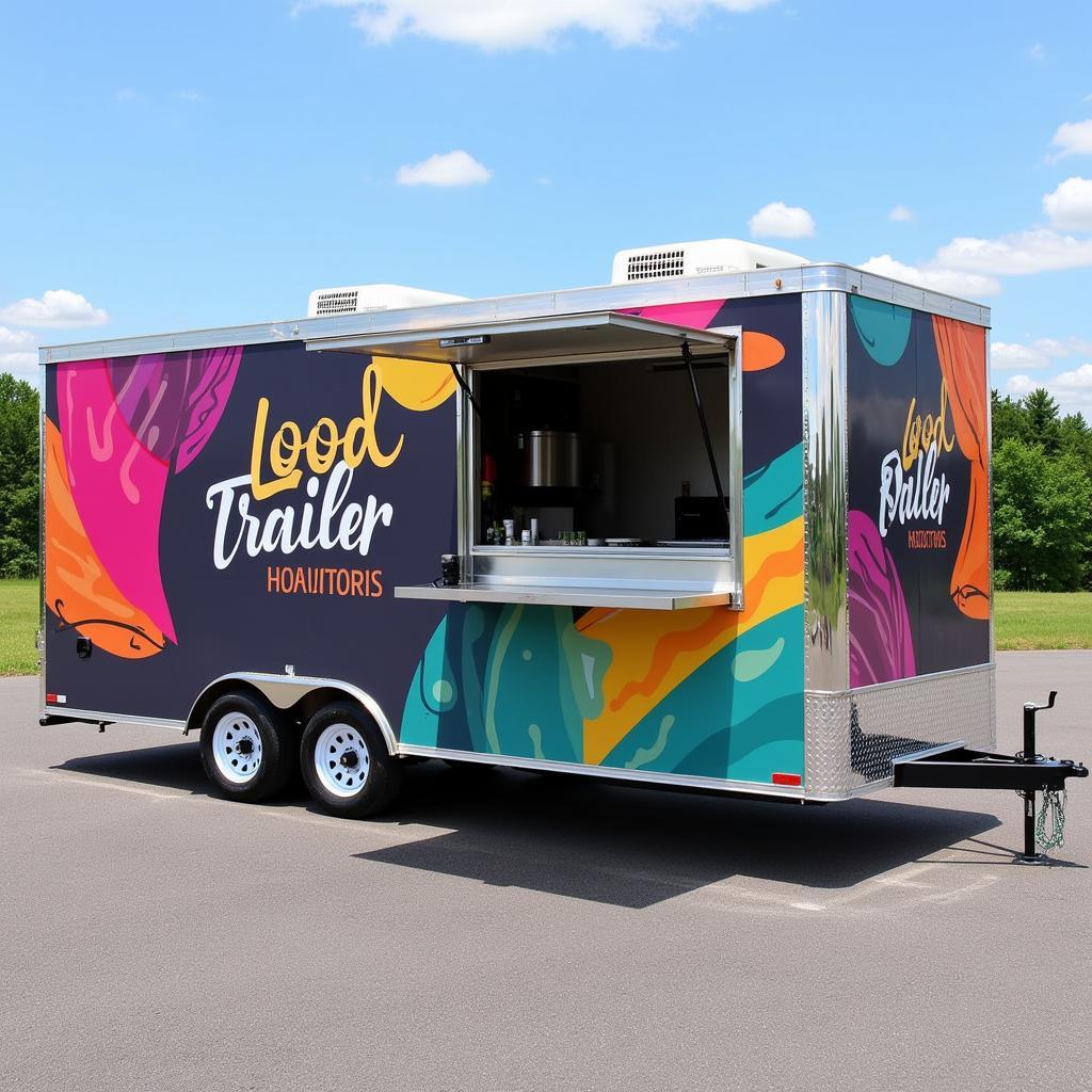 A sleek, modern 16 ft food trailer with vibrant branding and a serving window.