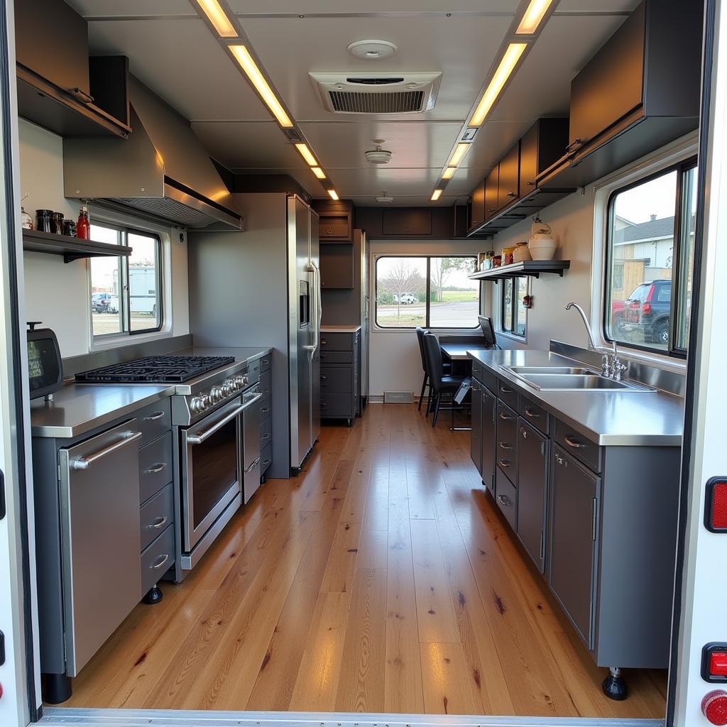 The interior of a 16 ft food trailer, showcasing efficient layout and equipment.