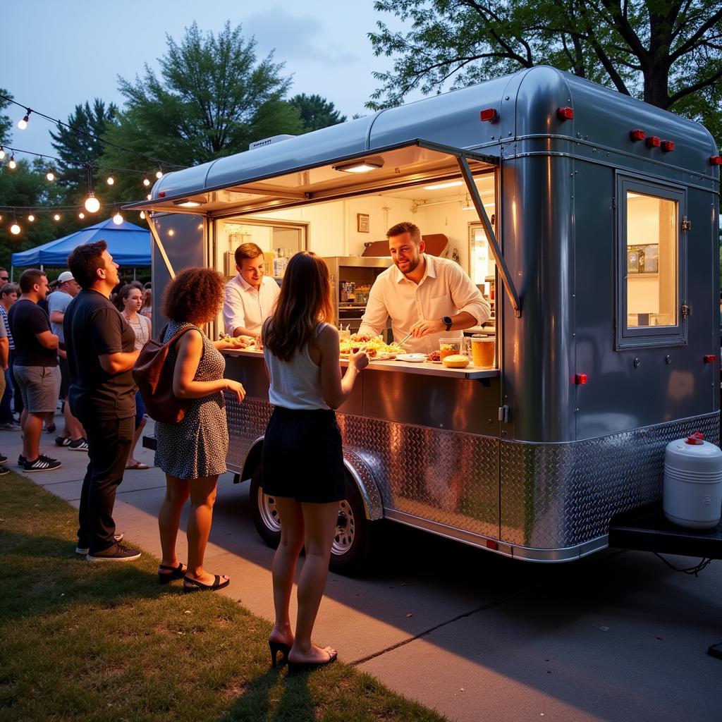 A 16 ft food trailer serving customers at a bustling event.