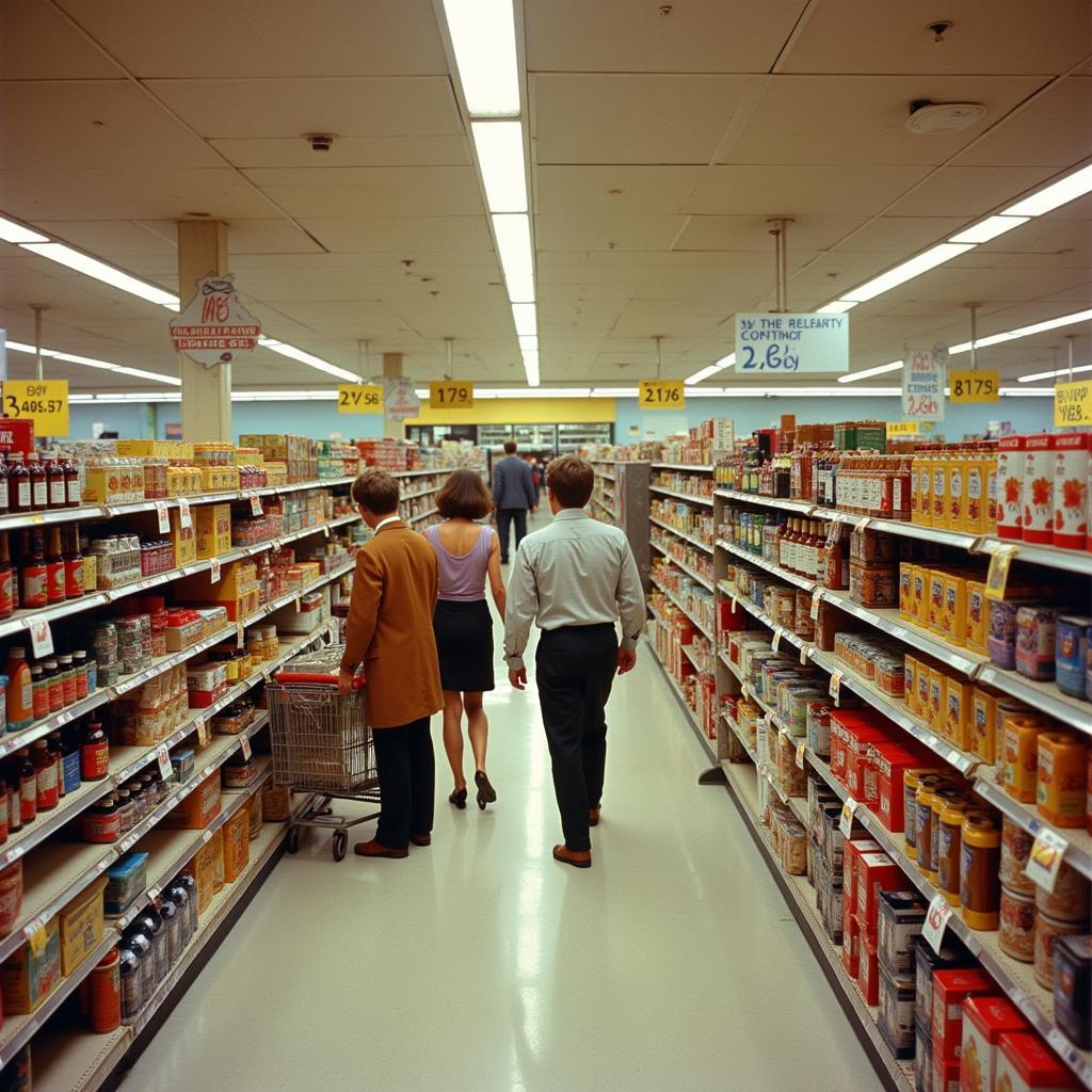 1975 grocery store scene depicting shelves, shoppers, and prices