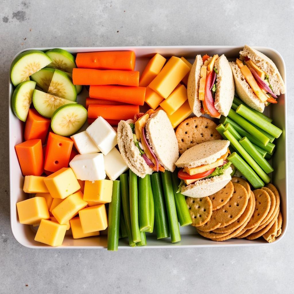 Assortment of food on a 2 lb tray