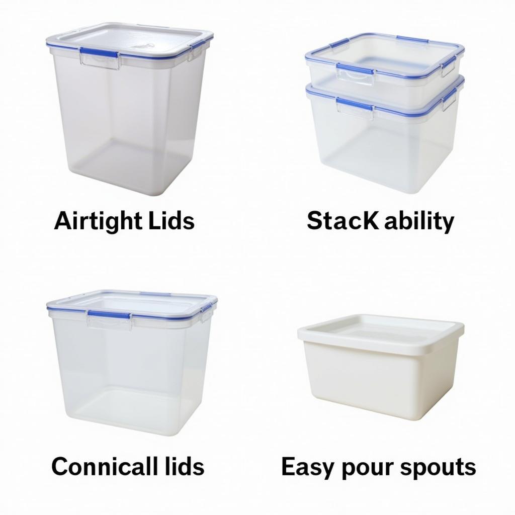 Various 3-gallon food storage containers made of plastic, glass, and stainless steel displayed in a pantry setting.