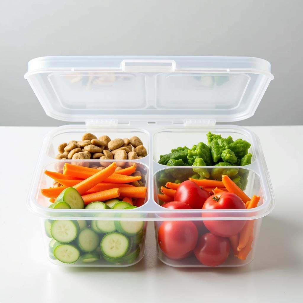 A 6 quart food storage container filled with prepped meals for the week, including grilled chicken, roasted vegetables, and quinoa.