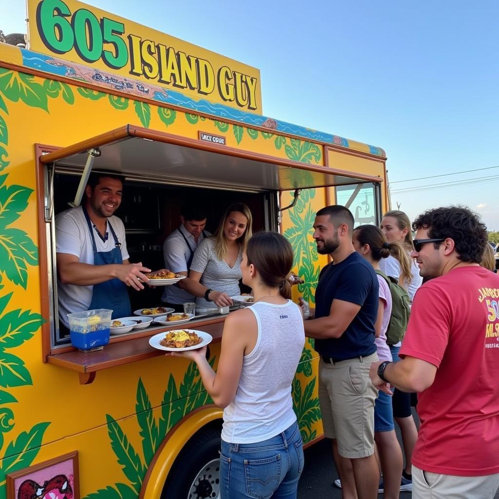 605 Island Guy food truck serving customers delicious Hawaiian food