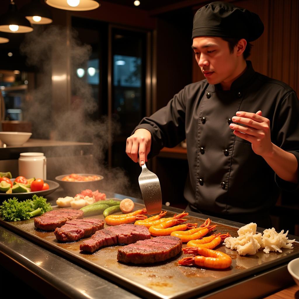 Chef skillfully preparing teppanyaki on the food truck griddle