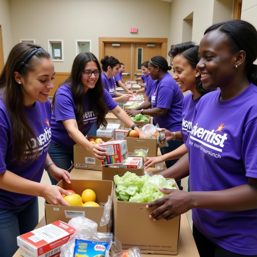 Volunteers distributing food at a 7th Day Adventist food bank