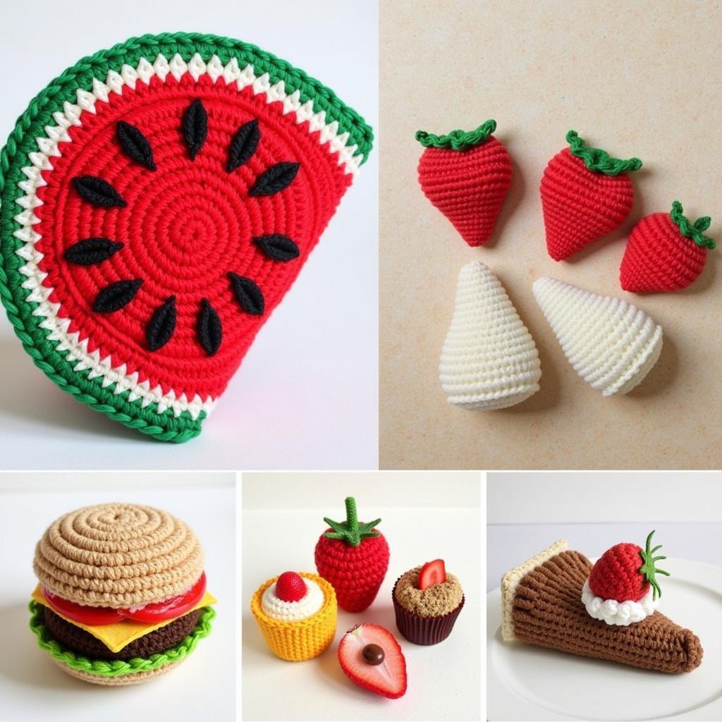 Examples of advanced food crochet techniques, showcasing intricate details and realistic textures.