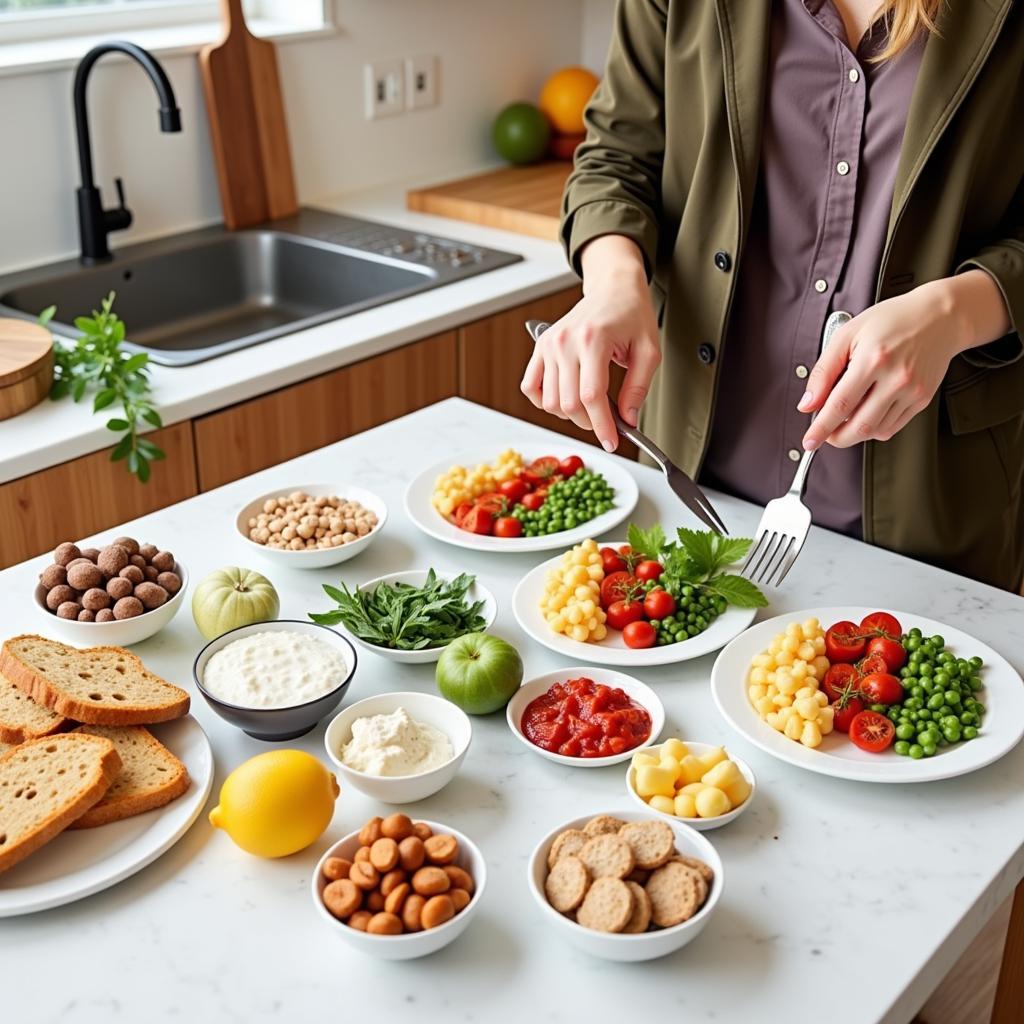 A person preparing a healthy meal with a variety of advantage foods, demonstrating the practicality of incorporating these foods into a busy lifestyle.