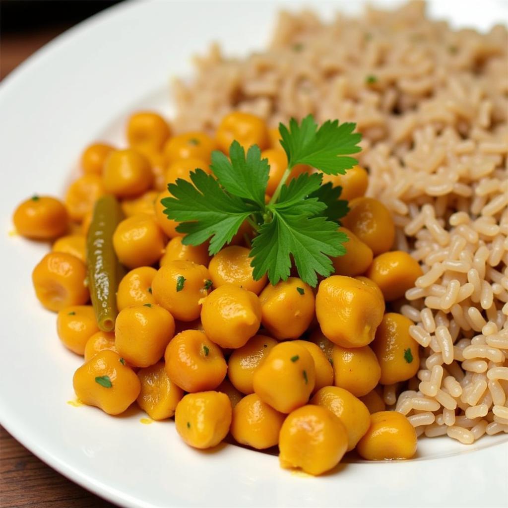 Affordable Chickpea Curry: A steaming bowl of chickpea curry served with brown rice, garnished with fresh cilantro.