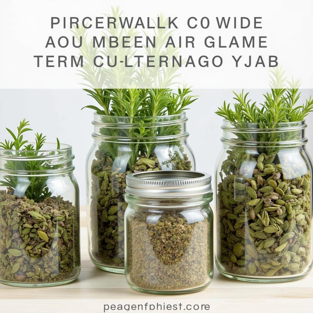 Assortment of air-dried herbs stored in glass jars