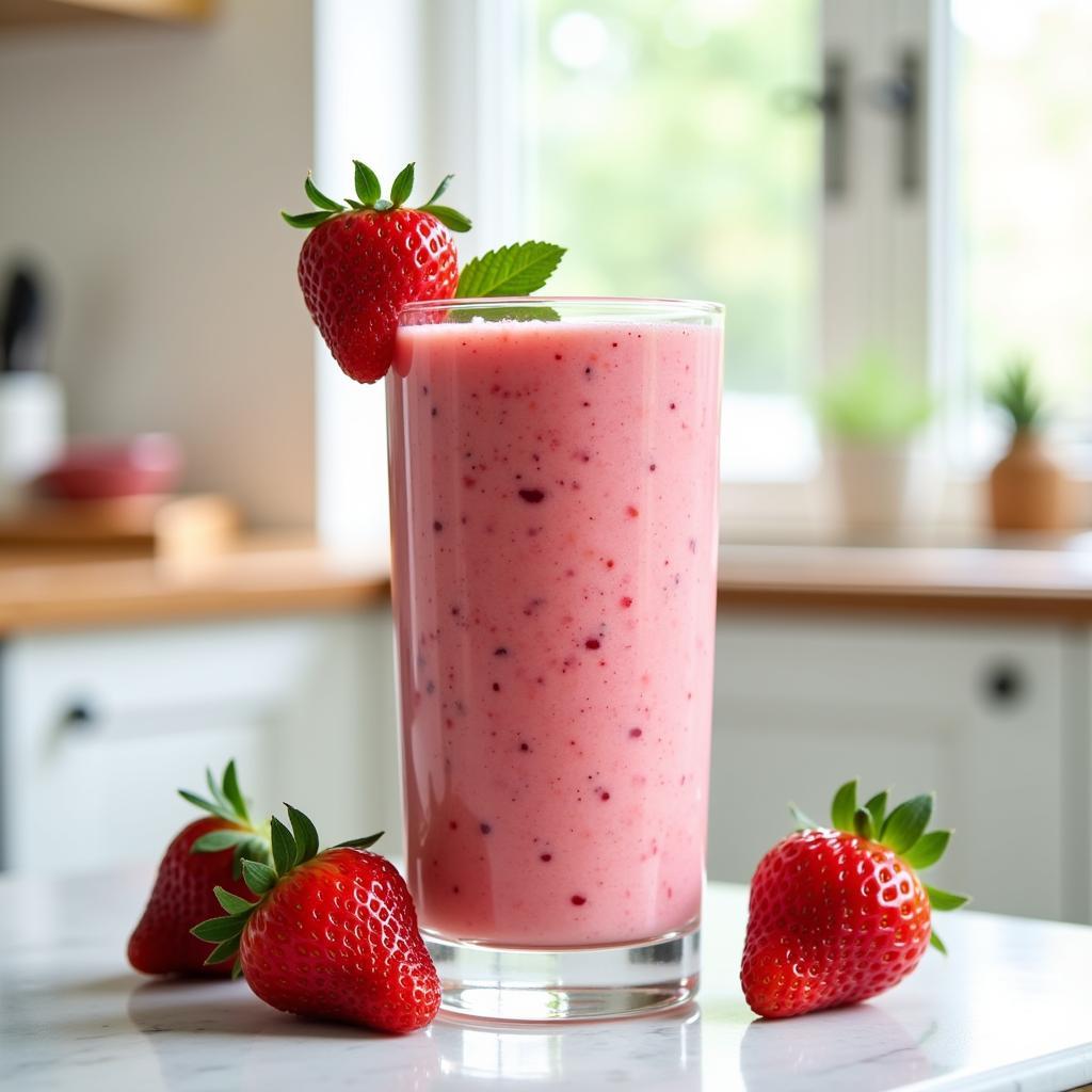 A vibrant and refreshing allulose-sweetened strawberry smoothie.