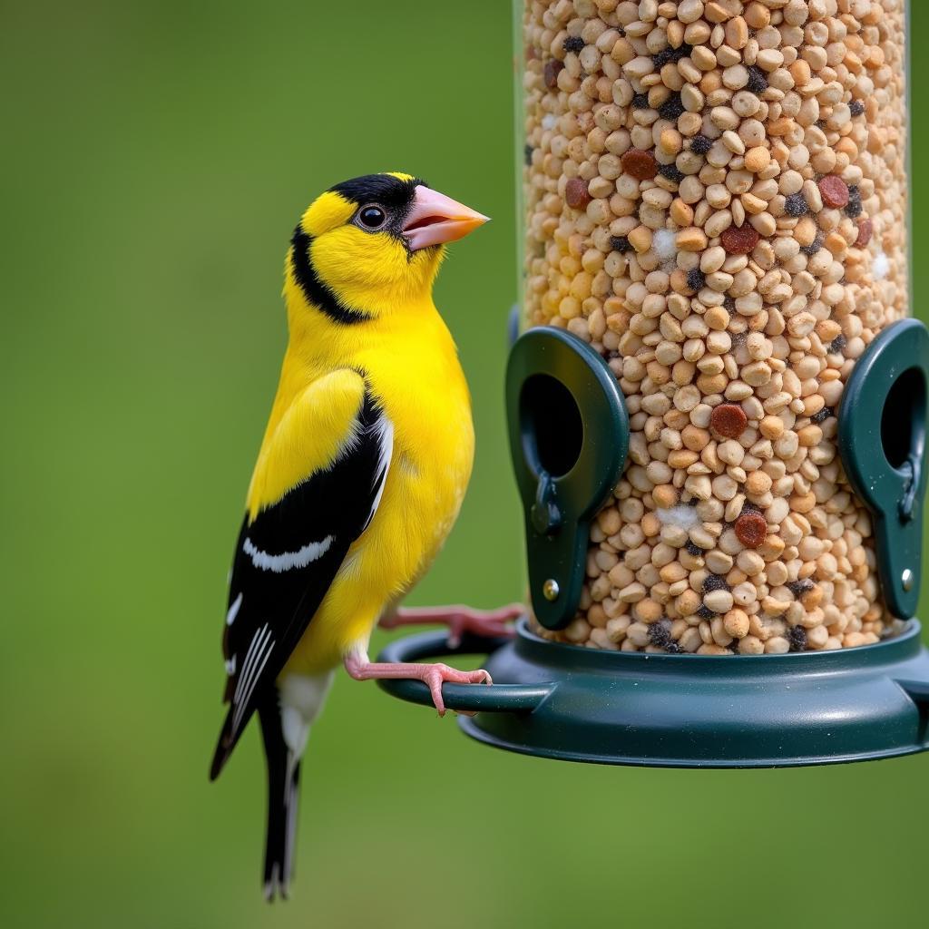 American Goldfinch perched on a thistle feeder enjoying Nyjer seeds