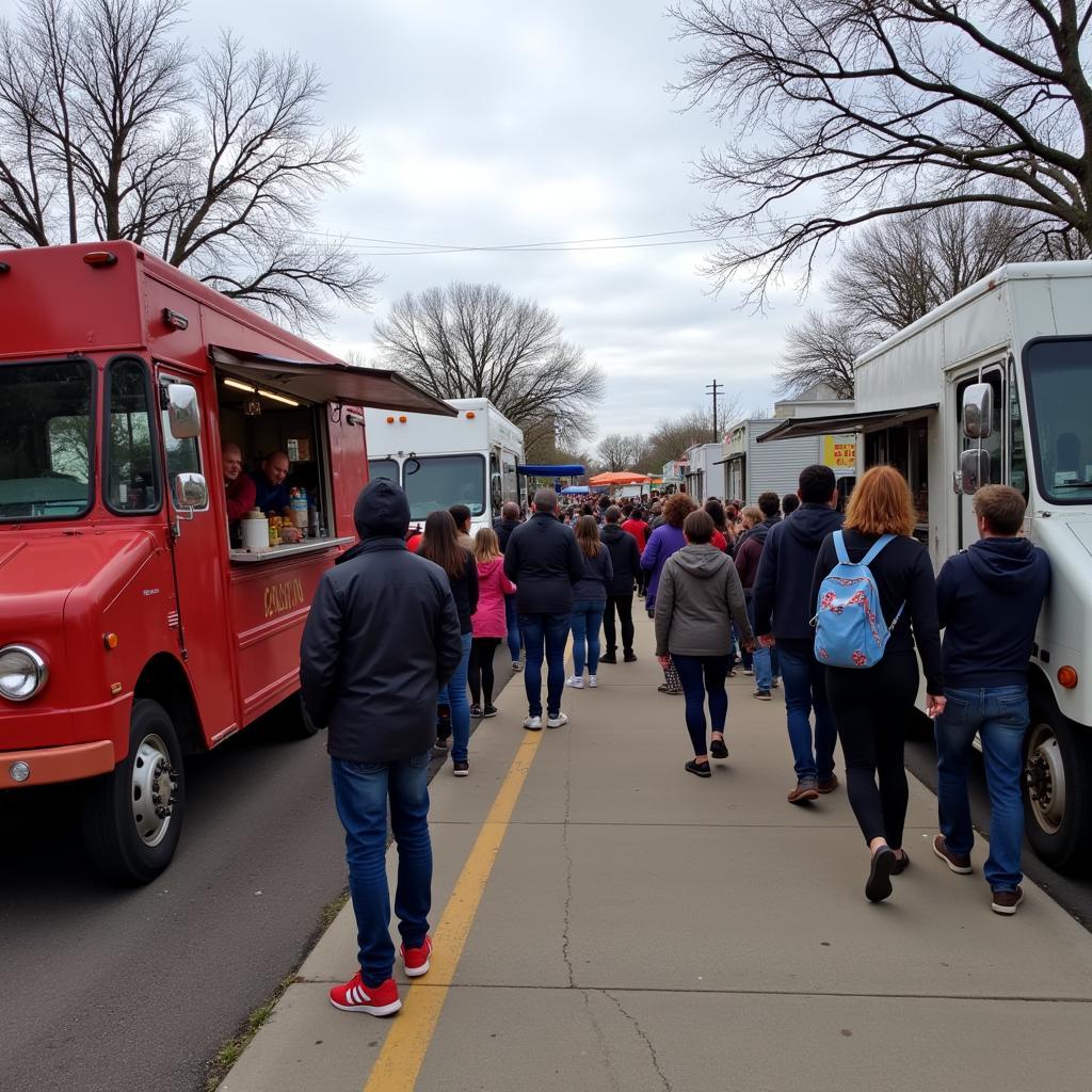 Ames Food Truck Lunch Crowd: A bustling lunchtime scene with people lining up at various food trucks in a popular Ames location.