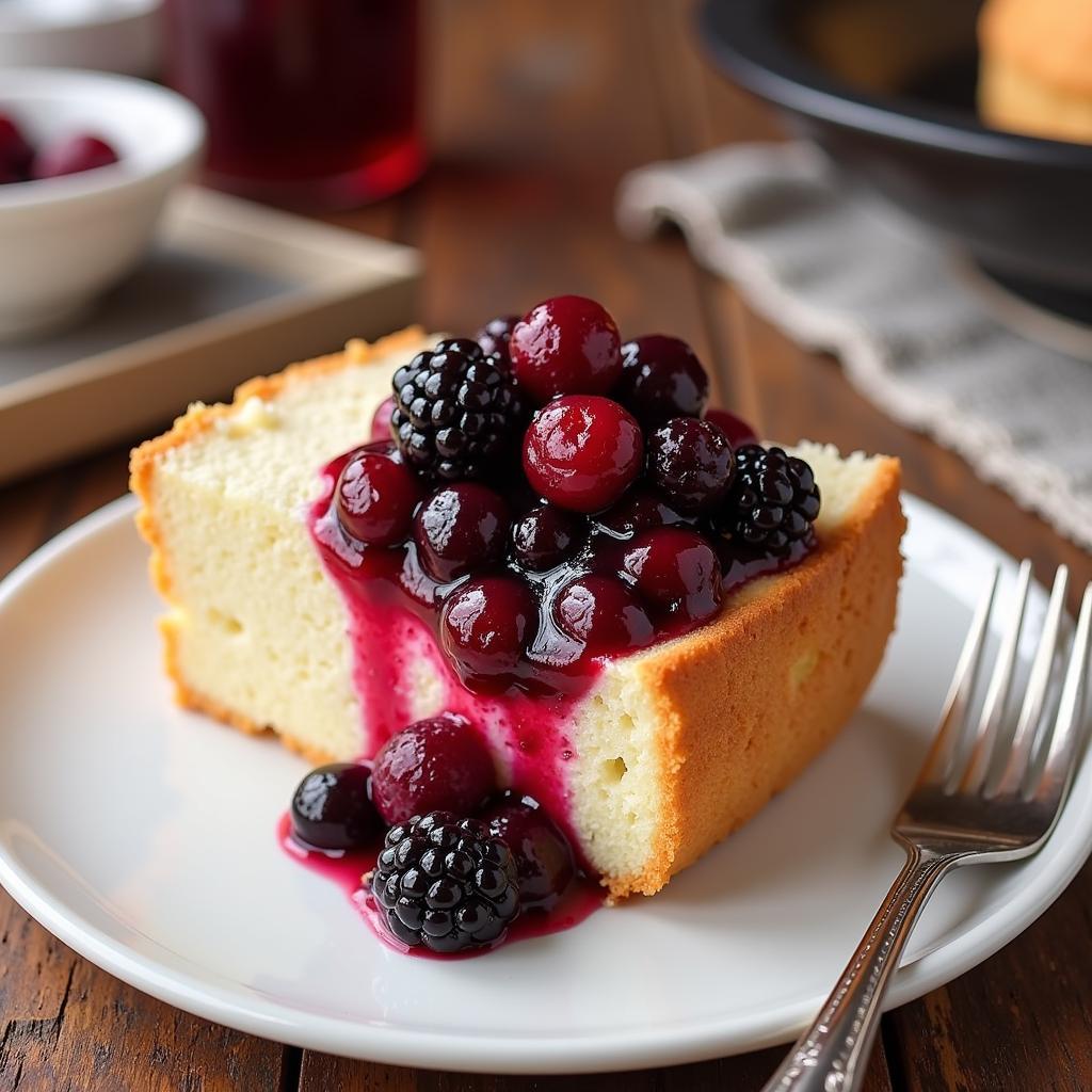 Angel food cake topped with vibrant berry pie filling