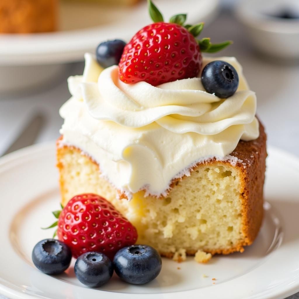 Angel food cake with cream cheese icing and fresh berries