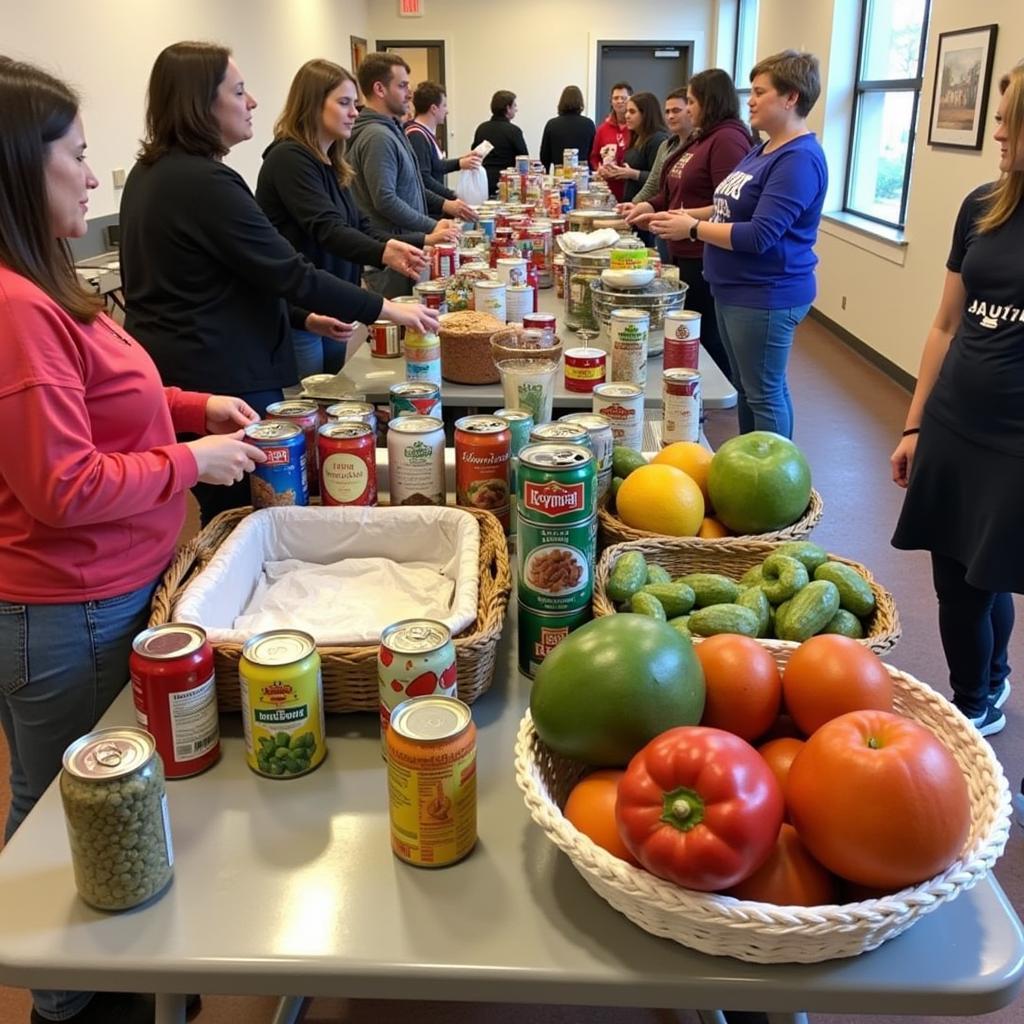 A variety of food donations being sorted and organized at the Angels of God Food Pantry.