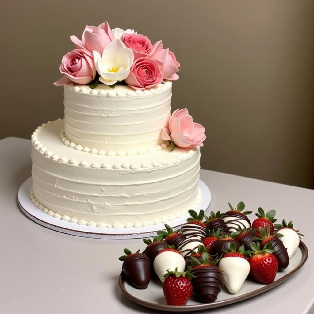 Anniversary cake with chocolate covered strawberries