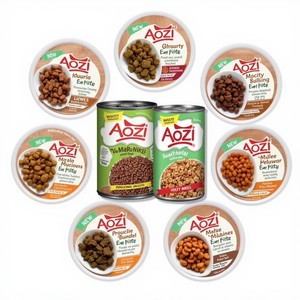 Different varieties of Aozi cat food including dry kibble and wet food.