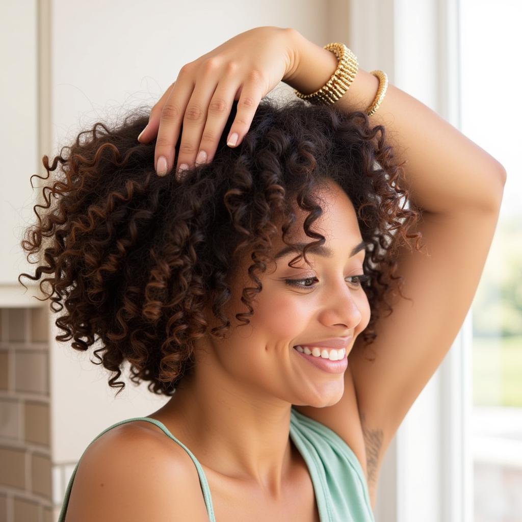 Applying Creme of Nature Pure Honey Hair Food to curly hair