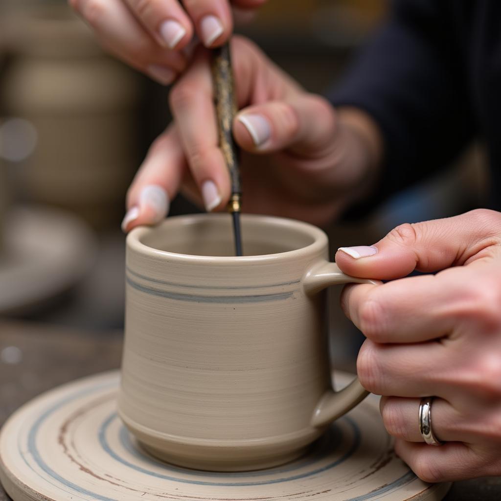 Applying food-safe glaze on a ceramic mug