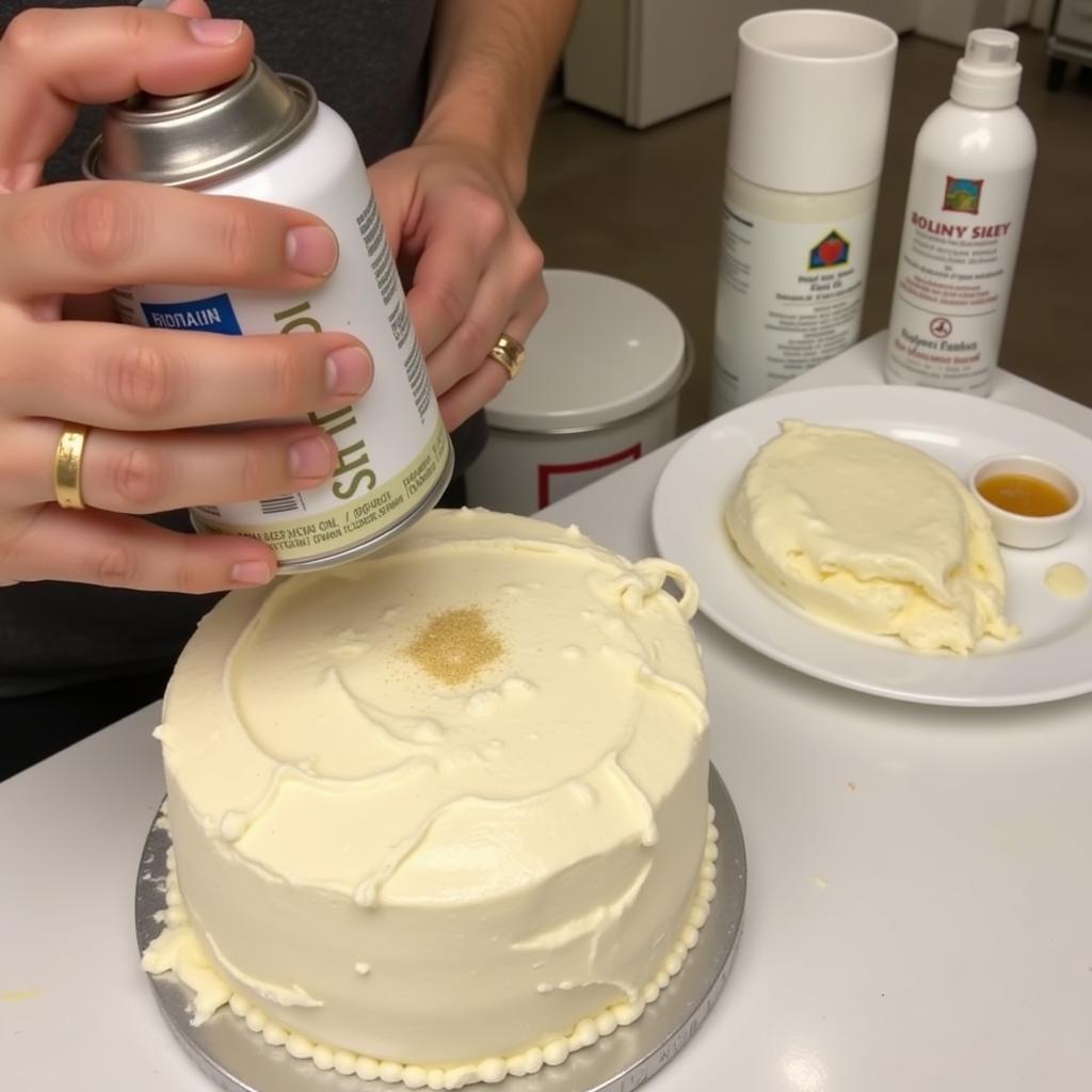 Applying gold food color spray to a cake