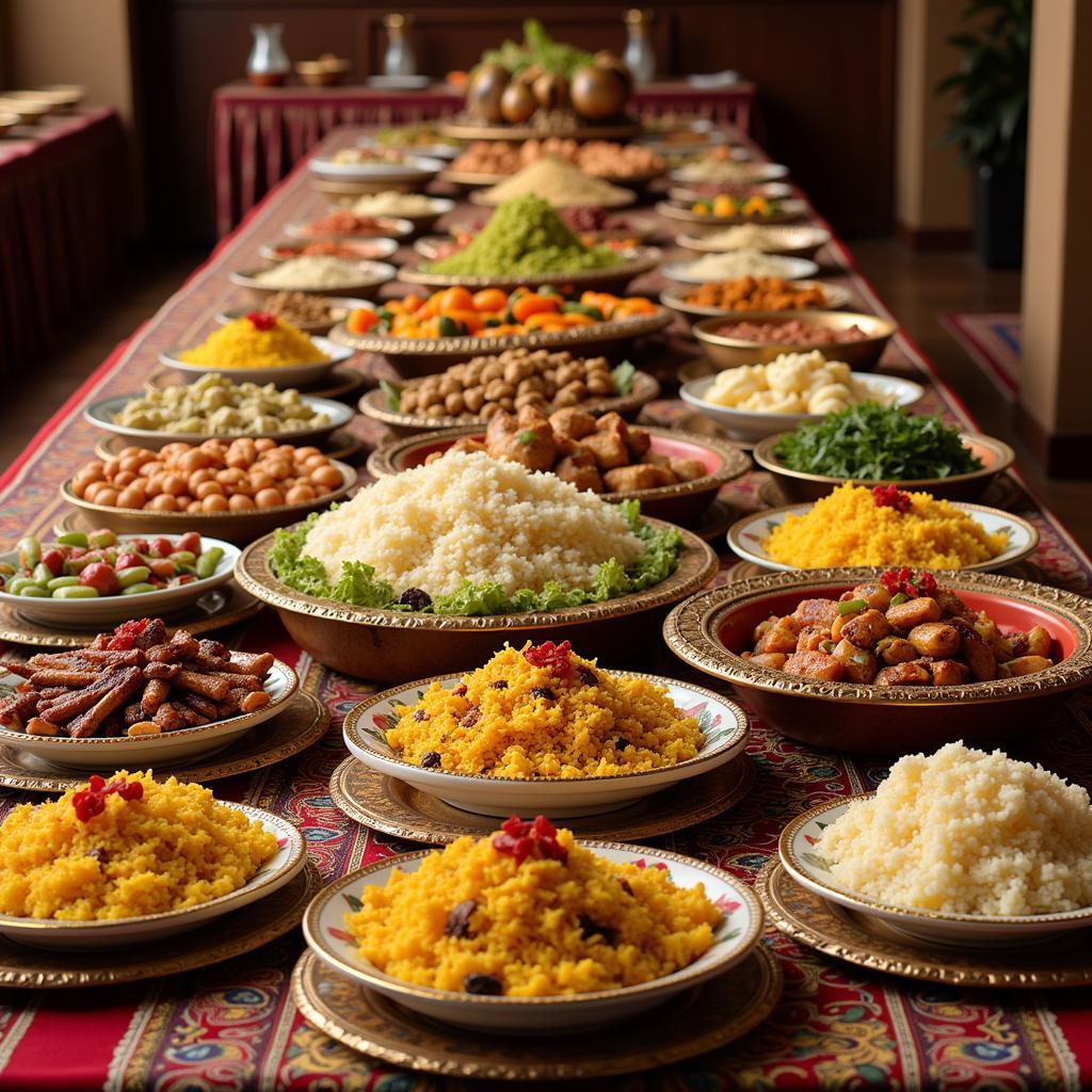 A Lavish Spread of Arab Wedding Food: Featuring various traditional dishes, showcasing the abundance and variety of a typical Arab wedding feast.