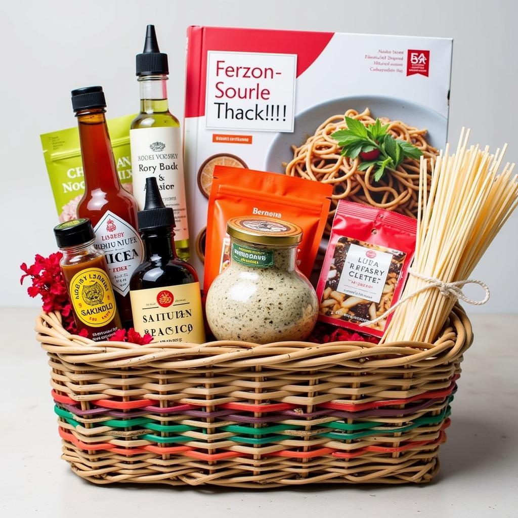 A beautifully arranged gift set for Asian food lovers, featuring various ingredients, sauces, and cooking utensils.