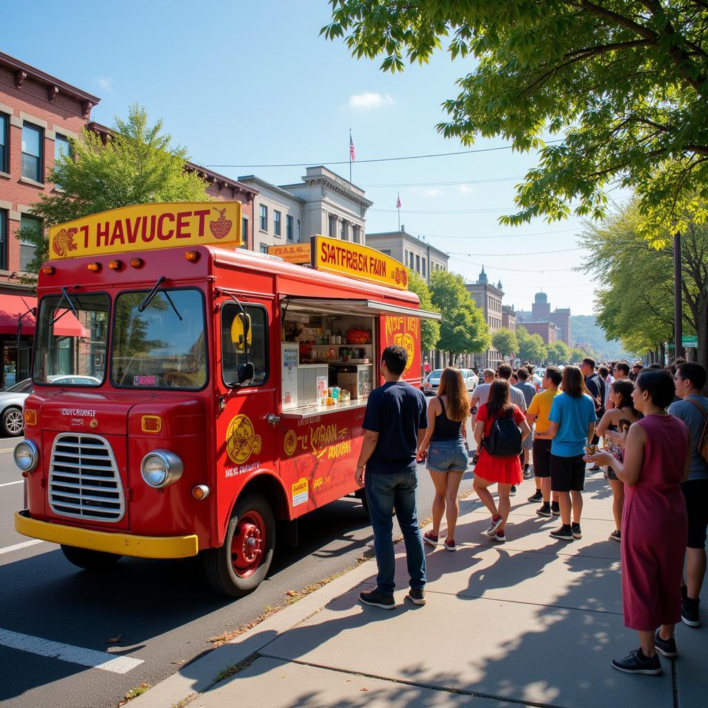 Busy Asian Food Truck Street Scene