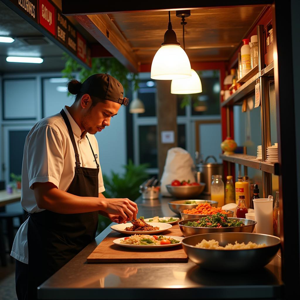 Asian Food Truck Chef Preparing Food