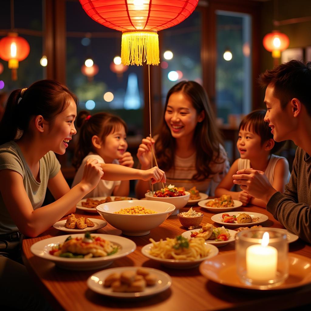 Family Enjoying Asian Lantern Festival Food