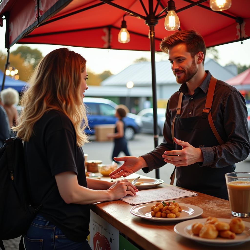 A person asking a food vendor about gluten-free options