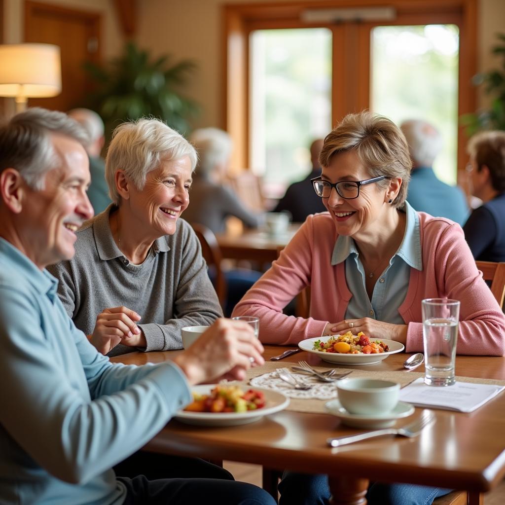 Residents enjoying a meal together in an assisted living dining room