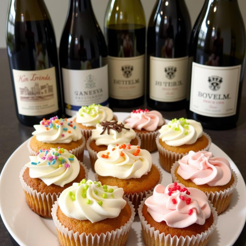 Assorted Cupcakes and Wine Bottles